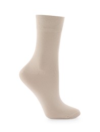 Photo of New beige sock isolated on white. Footwear accessory
