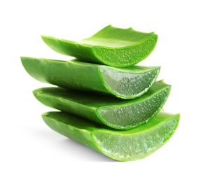 Photo of Fresh sliced aloe vera leaves on white background