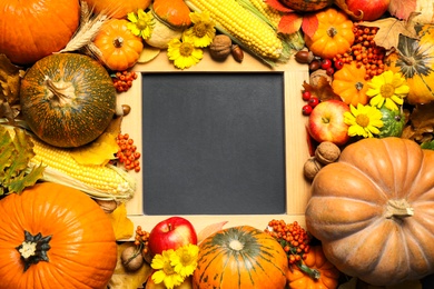 Composition of blank blackboard with space for text, ripe pumpkins and autumn leaves as background, top view. Happy Thanksgiving day