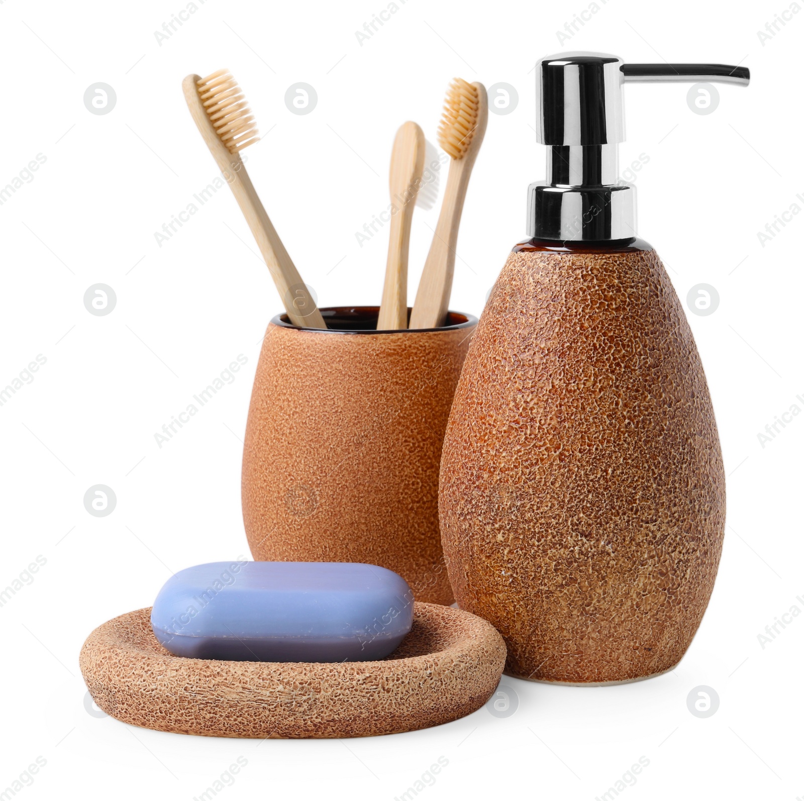 Photo of Bath accessories. Different personal care products isolated on white