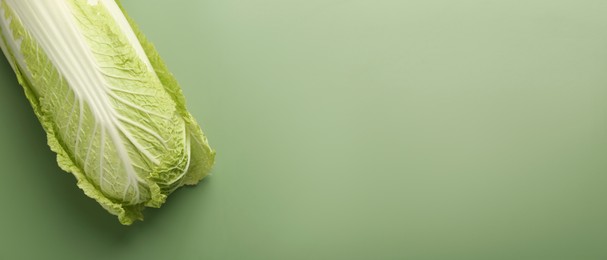 Image of Fresh ripe Chinese cabbage on green background, top view. Banner design with space for text