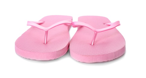 Bright flip flops on white background. Beach object