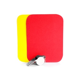 Whistle, red and yellow cards on white background. Football rules