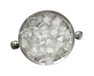 Photo of Metal bucket with ice cubes on white background, top view