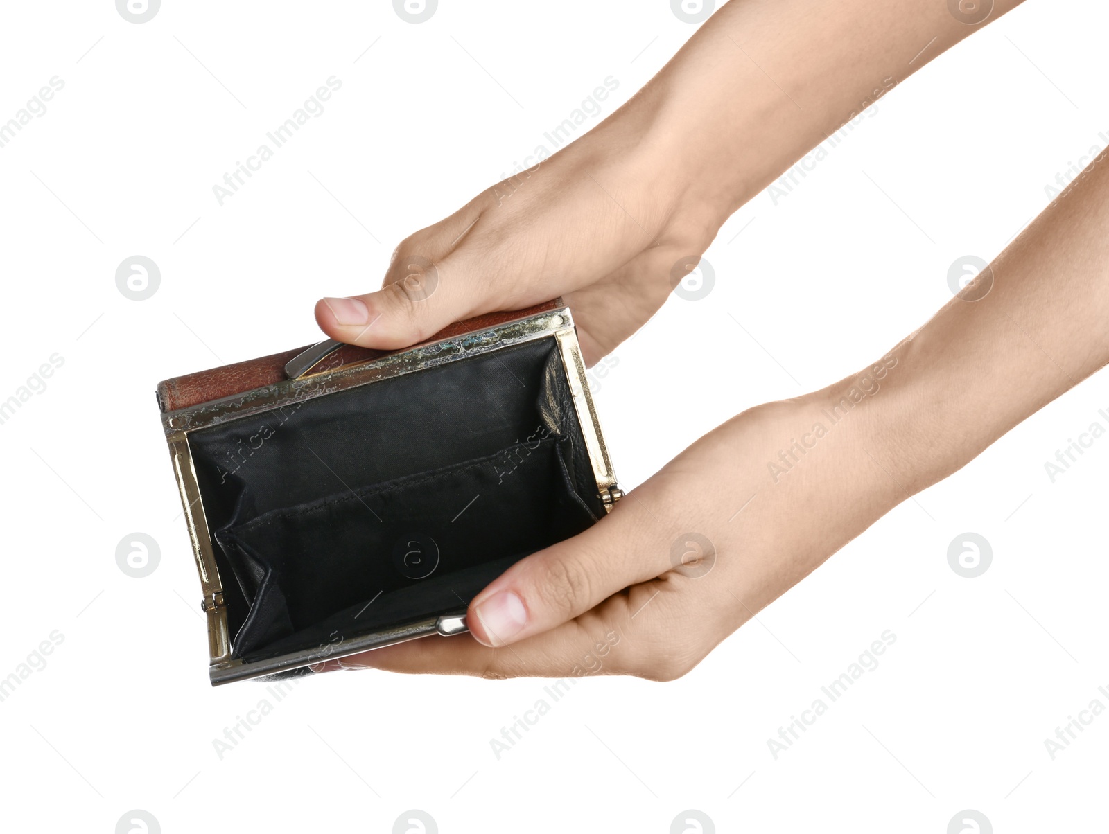 Photo of Poor woman showing her empty wallet on white background, closeup