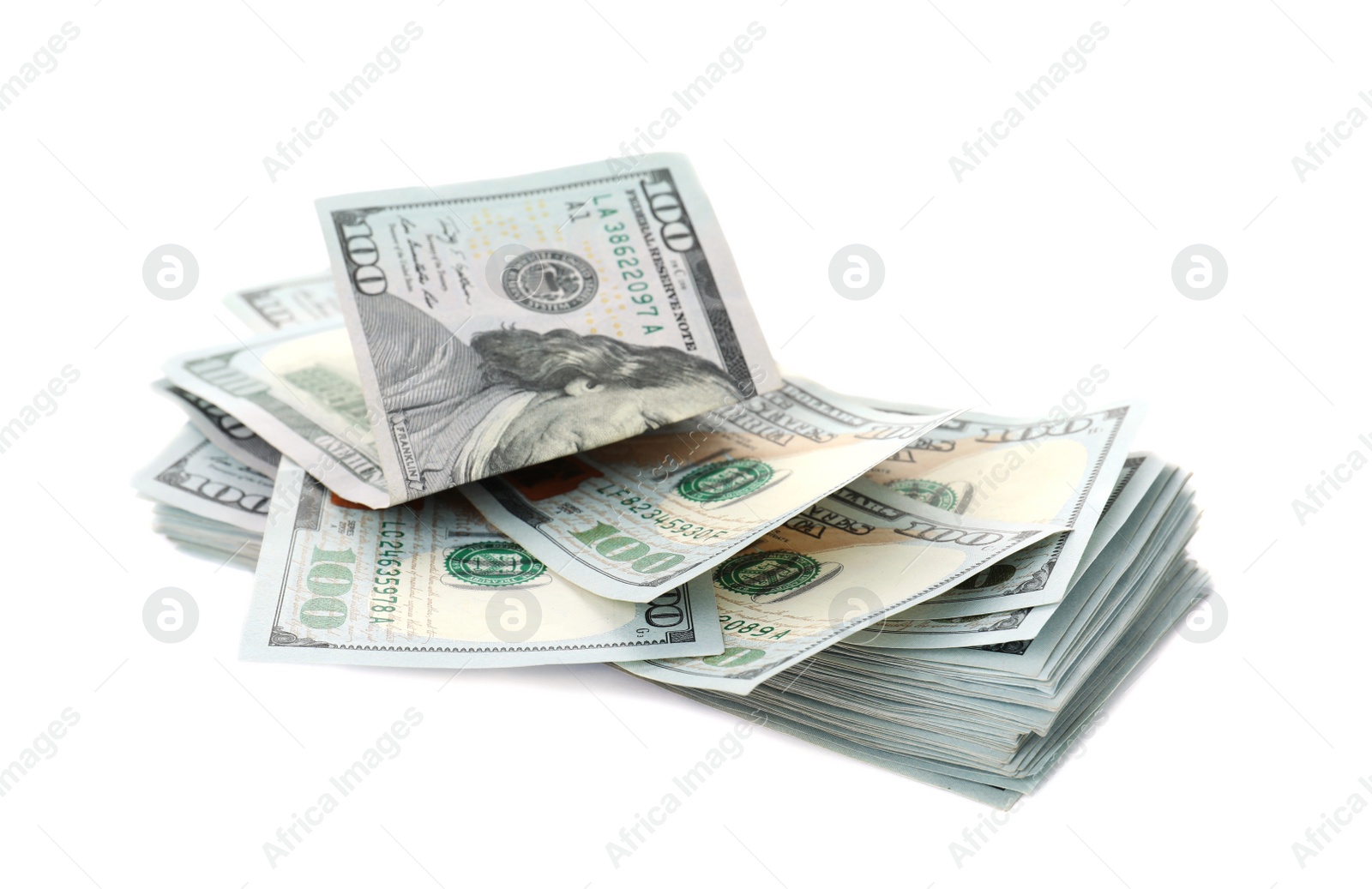 Photo of Many dollar banknotes on white background. National American currency