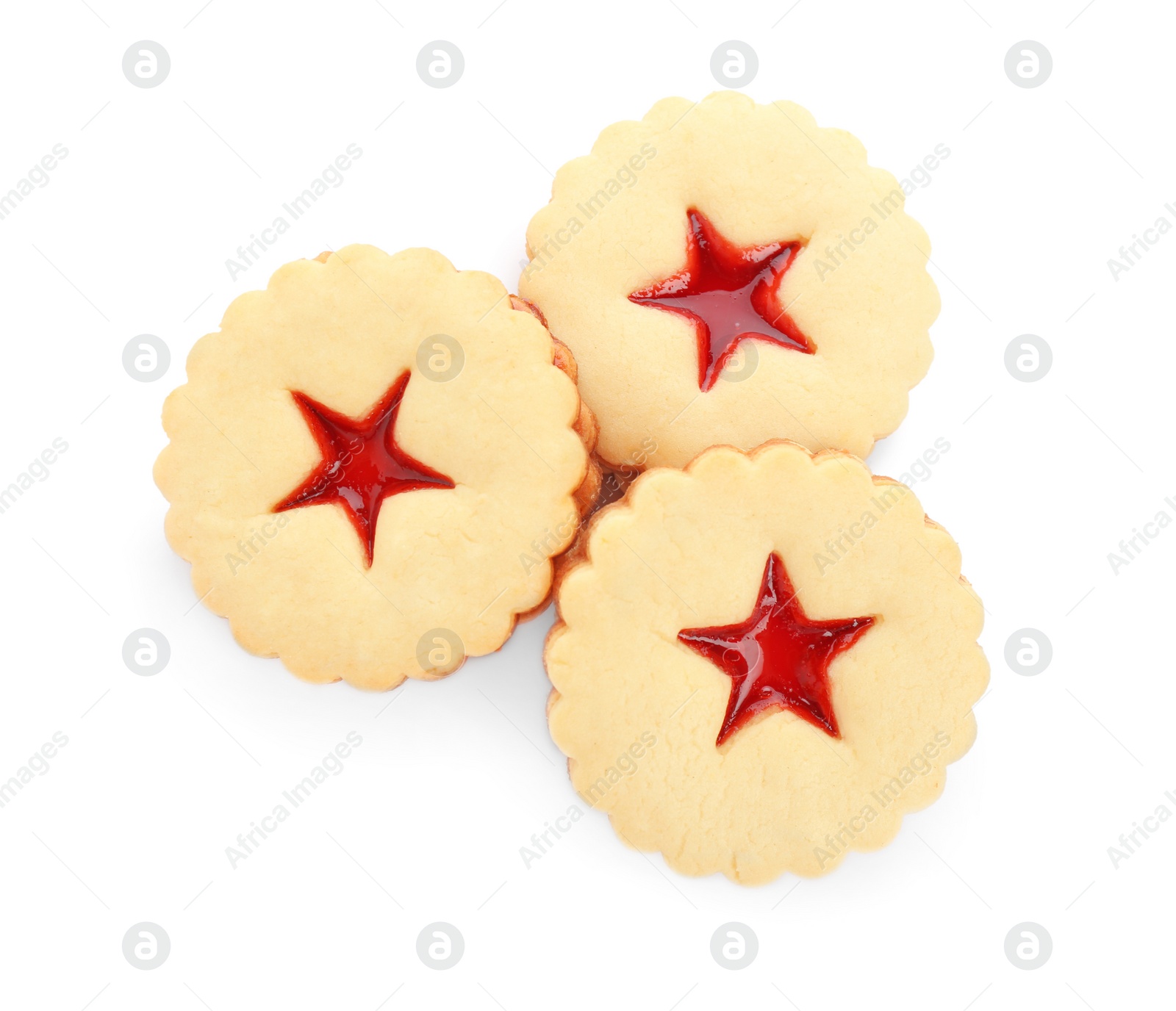 Photo of Traditional Christmas Linzer cookies with sweet jam on white background