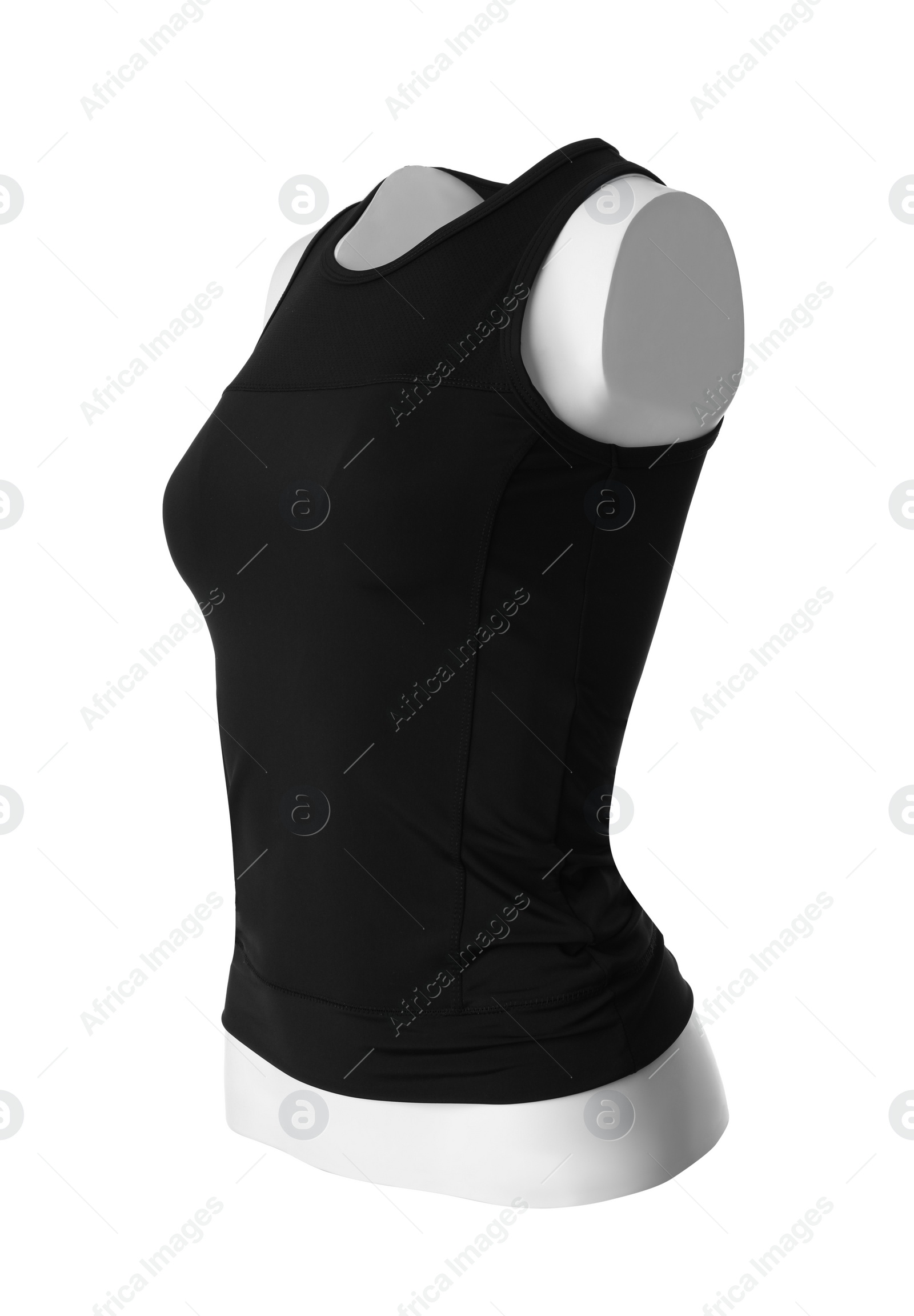 Photo of Black women's top isolated on white. Sports clothing