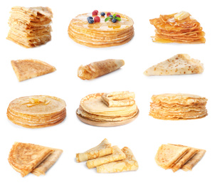 Image of Set of tasty thin pancakes on white background