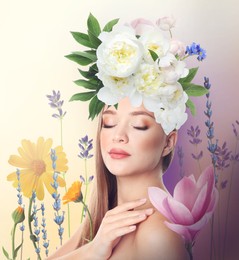 Young woman with beautiful flowers and leaves on head against color background. Stylish creative collage design