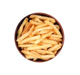 Photo of Bowl of delicious french fries on white background, top view