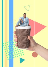 Coffee to go, stylish artwork. Woman holding takeaway paper cup with smiling man on color background, closeup
