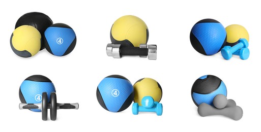 Image of Set with medicine balls and dumbbells on white background. Banner design