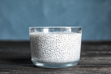 Dessert bowl of tasty chia seed pudding on table