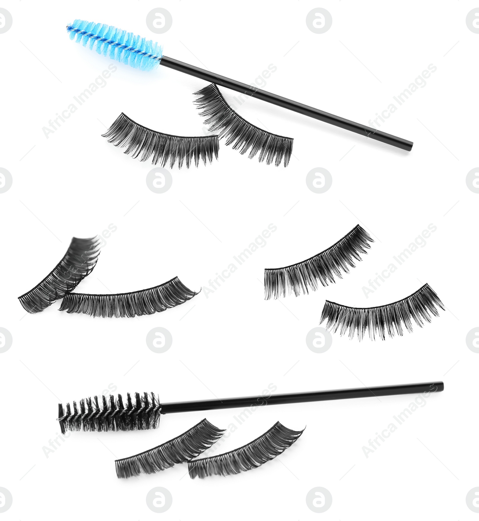 Image of Set with beautiful false eyelashes, black mascara and brushes on white background