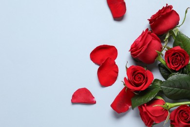 Beautiful red roses and petals on grey background, flat lay. Space for text