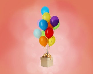 Image of Many balloons tied to gift box on red background
