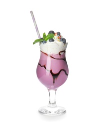 Photo of Glass of tasty milk shake on white background