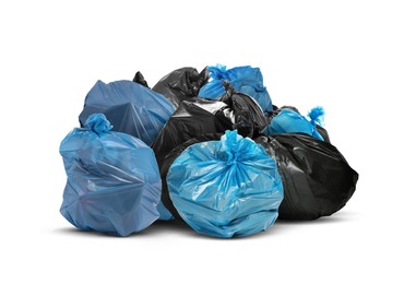 Image of Pile of plastic bags full of garbage on white background