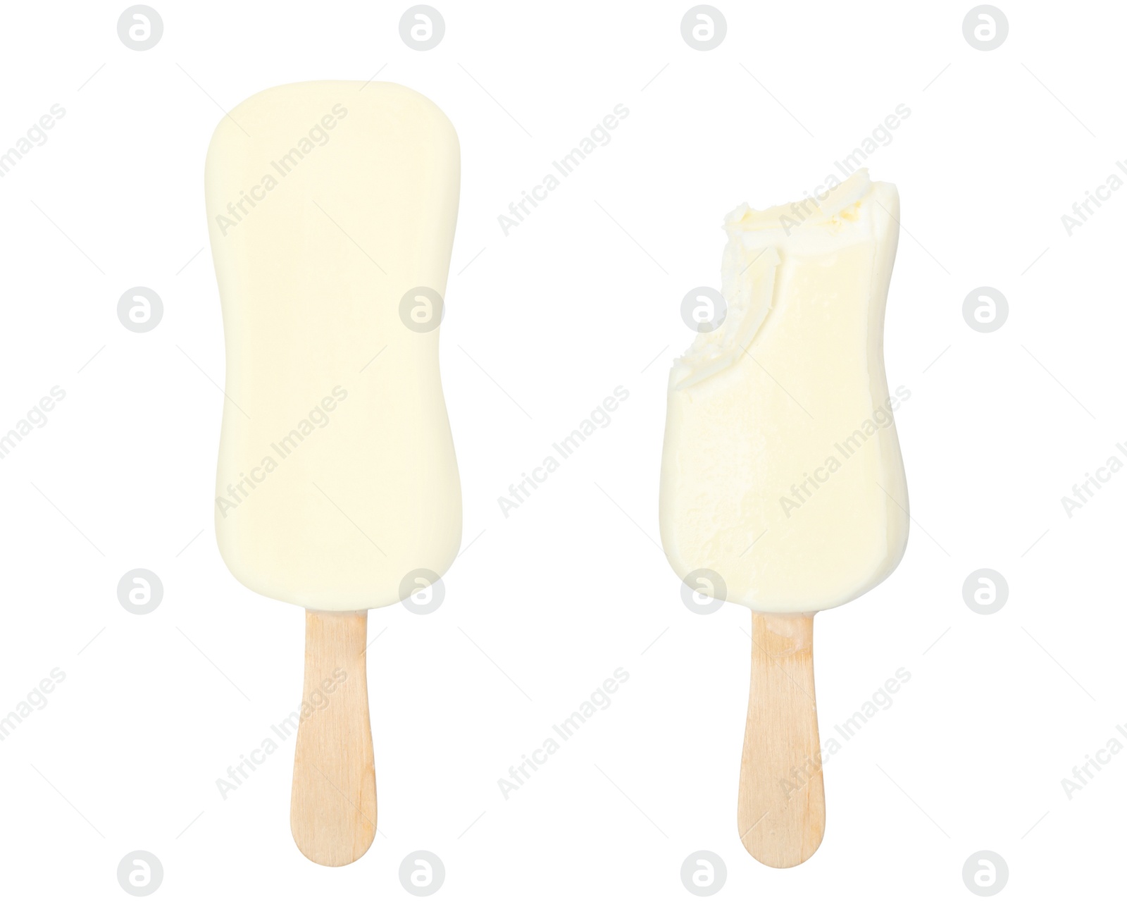 Image of Delicious glazed ice cream on white background, collage 