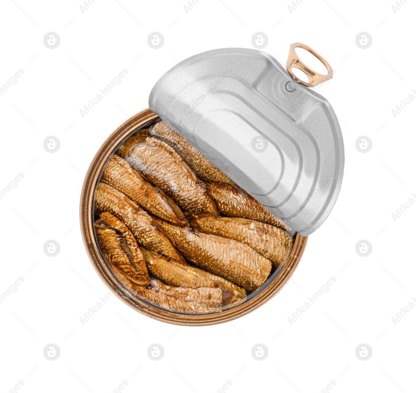 Photo of Tin can with conserved fish on white background, top view