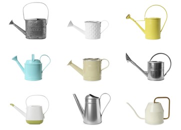 Set with different watering cans on white background