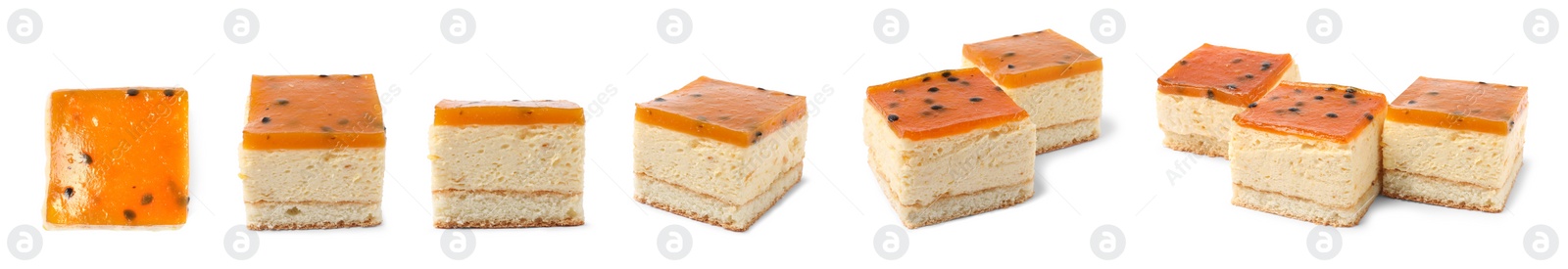 Image of Set with pieces of tasty cheesecake isolated on white