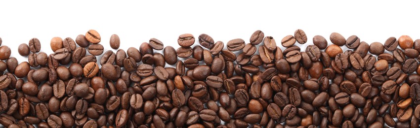 Photo of Many roasted coffee beans isolated on white , top view