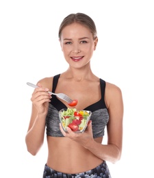 Photo of Slim woman with salad on white background. Healthy diet