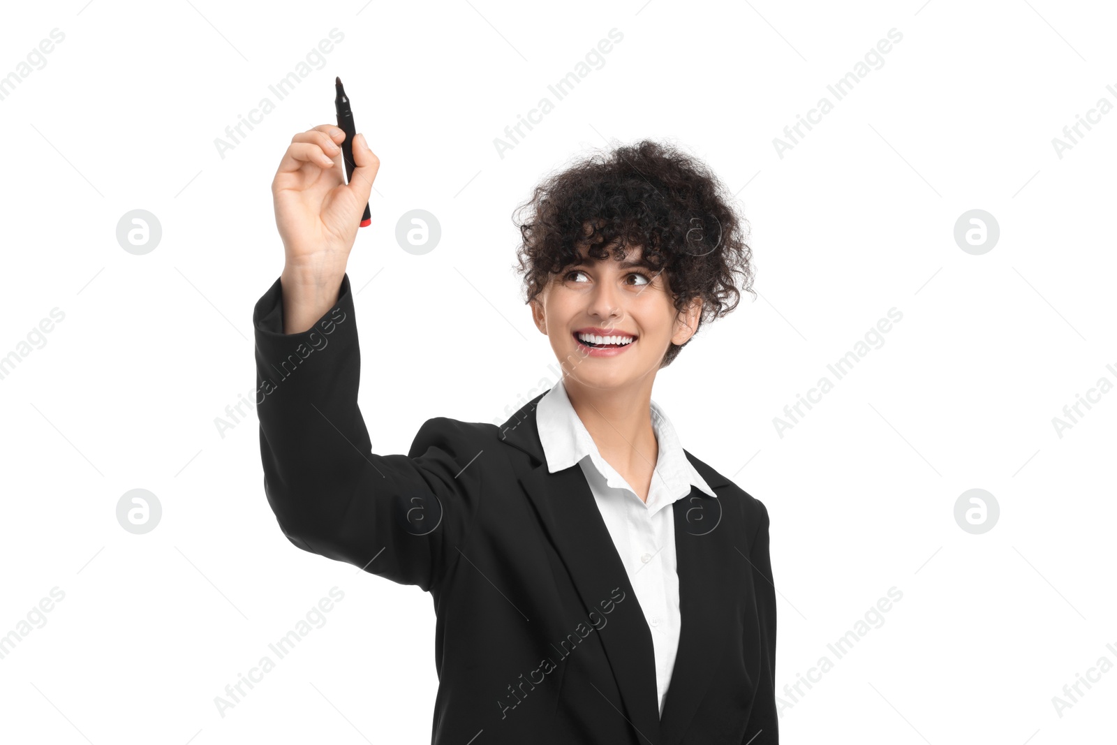 Photo of Beautiful happy businesswoman with marker on white background