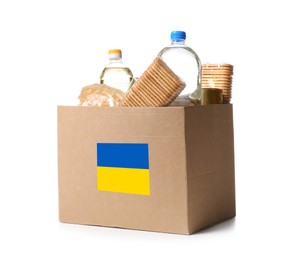 Humanitarian aid for Ukrainian refugees. Donation box with products on white background