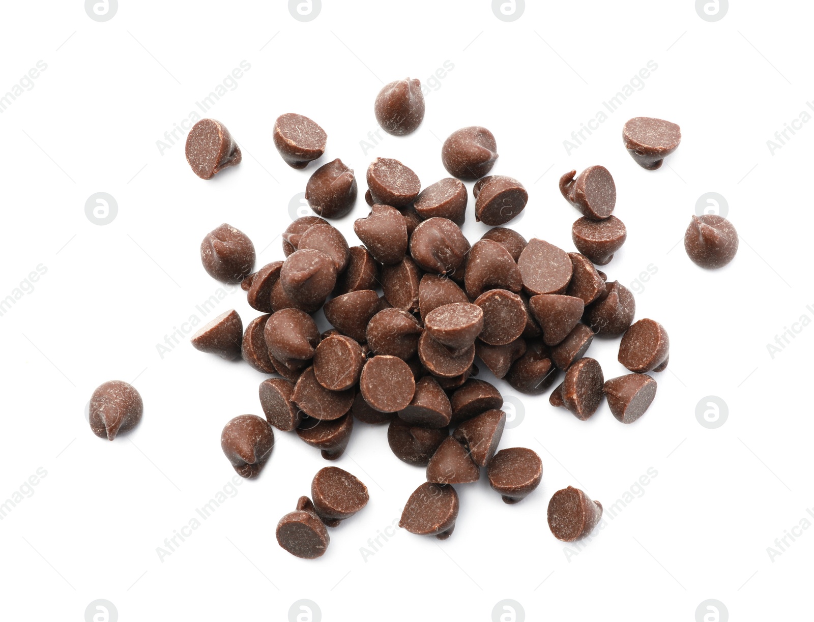 Photo of Pile of delicious chocolate chips isolated on white, top view