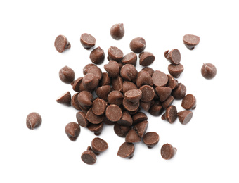 Pile of delicious chocolate chips isolated on white, top view