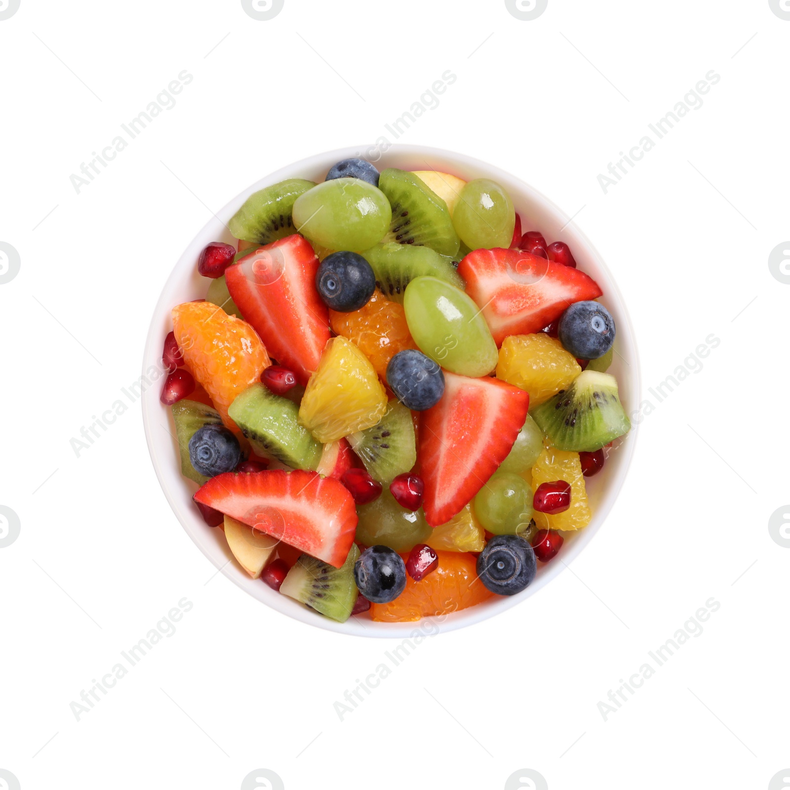 Photo of Delicious fresh fruit salad in bowl on white background, top view