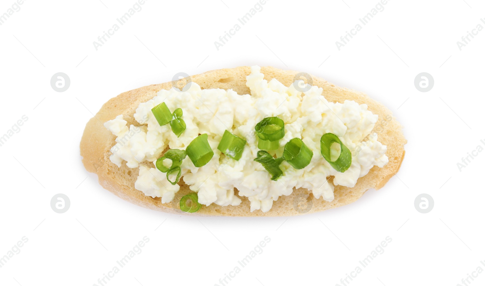 Photo of Bread with cottage cheese and green onion isolated on white, top view