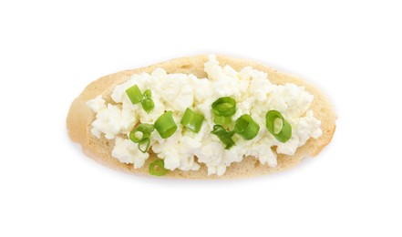 Photo of Bread with cottage cheese and green onion isolated on white, top view