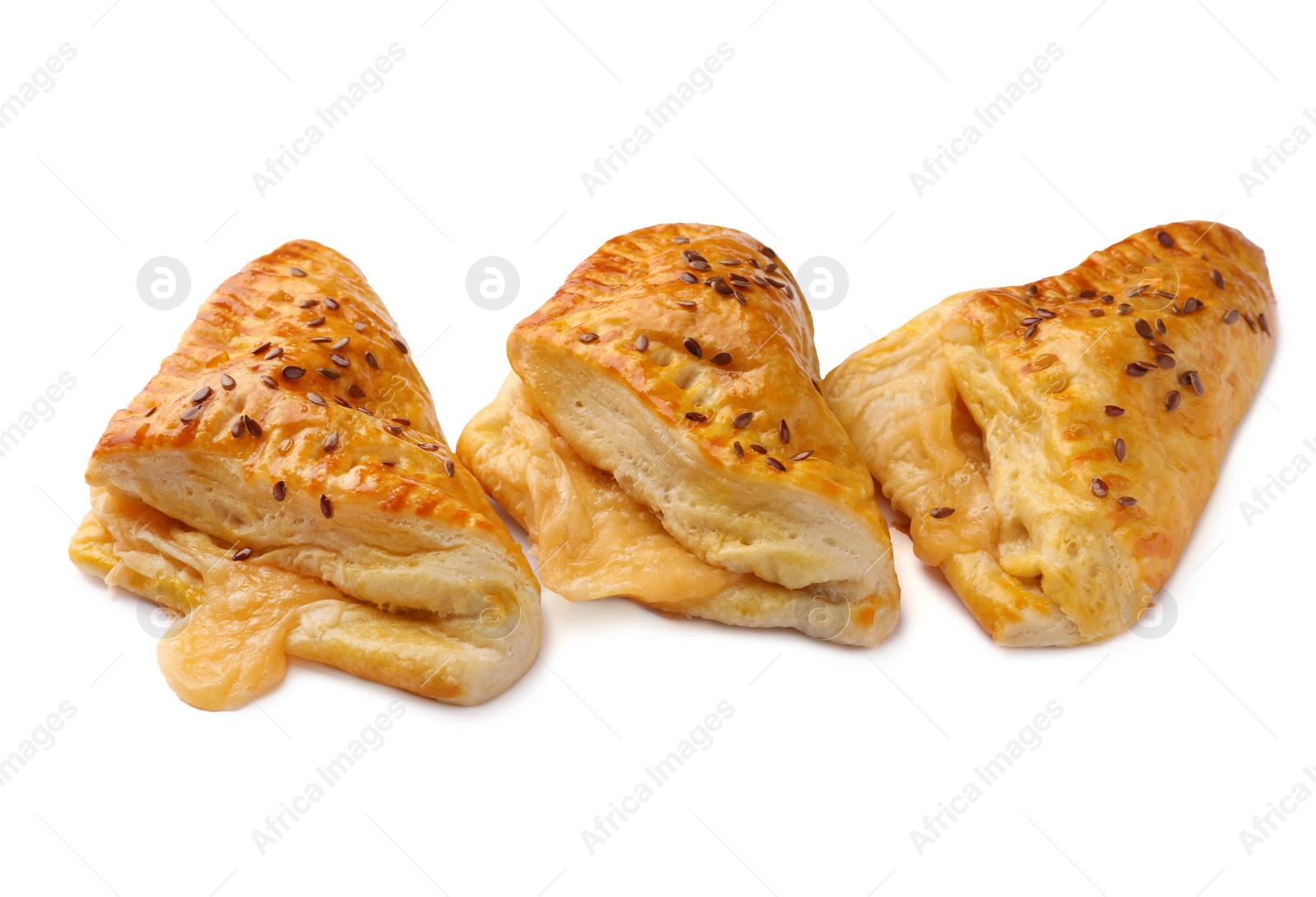 Photo of Fresh delicious puff pastry with cheese on white background