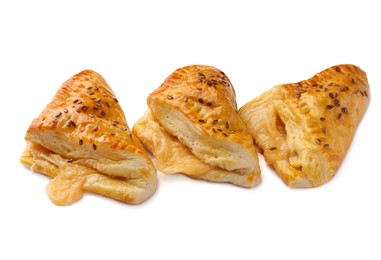 Fresh delicious puff pastry with cheese on white background