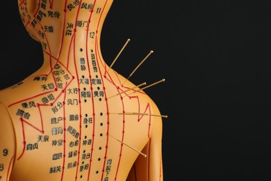 Photo of Acupuncture - alternative medicine. Human model with needles in back against black background, space for text