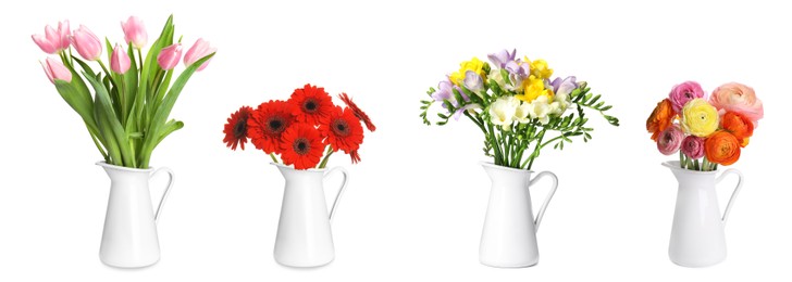 Collage of stylish vase with different bouquets on white background