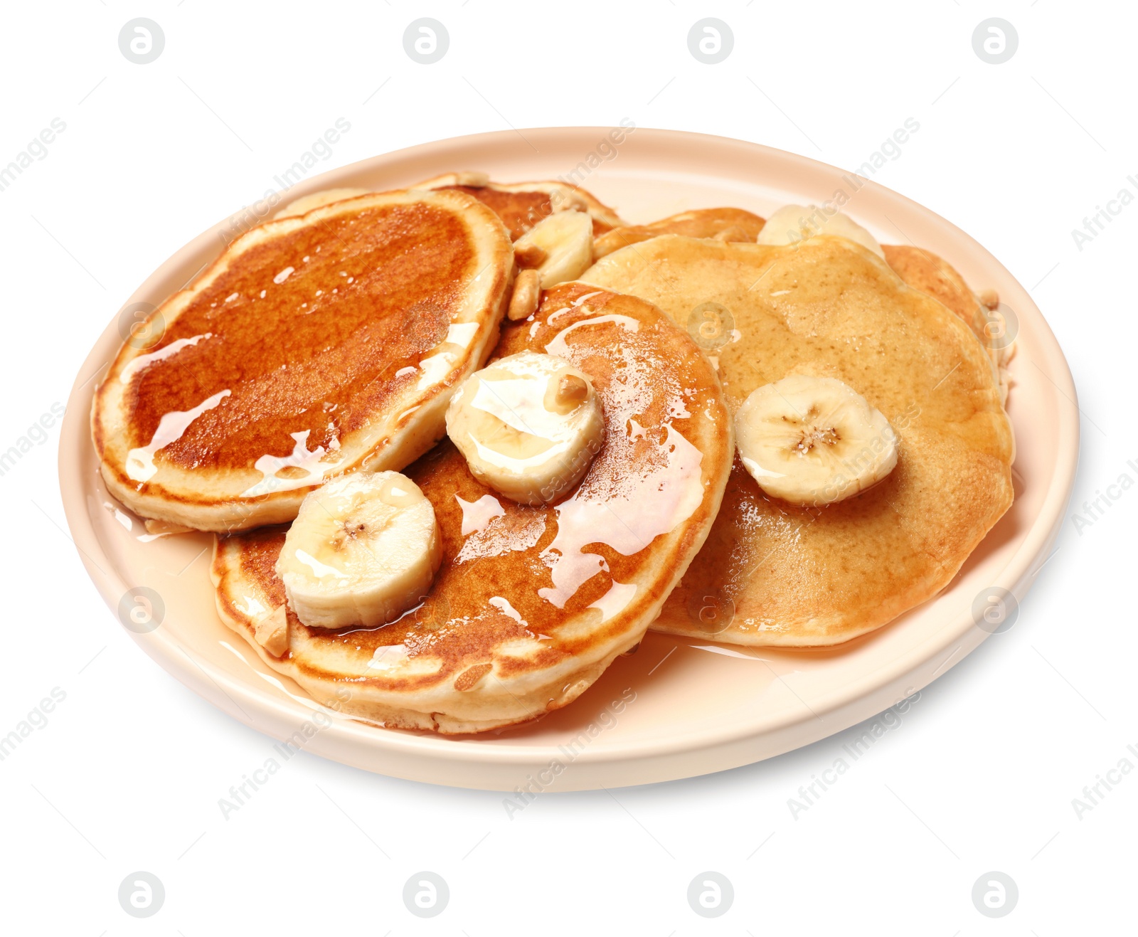 Photo of Tasty pancakes with sliced banana isolated on white