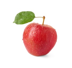 Photo of Wet ripe red apple with leaf isolated on white