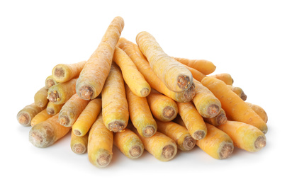 Photo of Fresh raw yellow carrots isolated on white