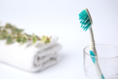 Photo of Light blue toothbrush in glass holder on white background, space for text