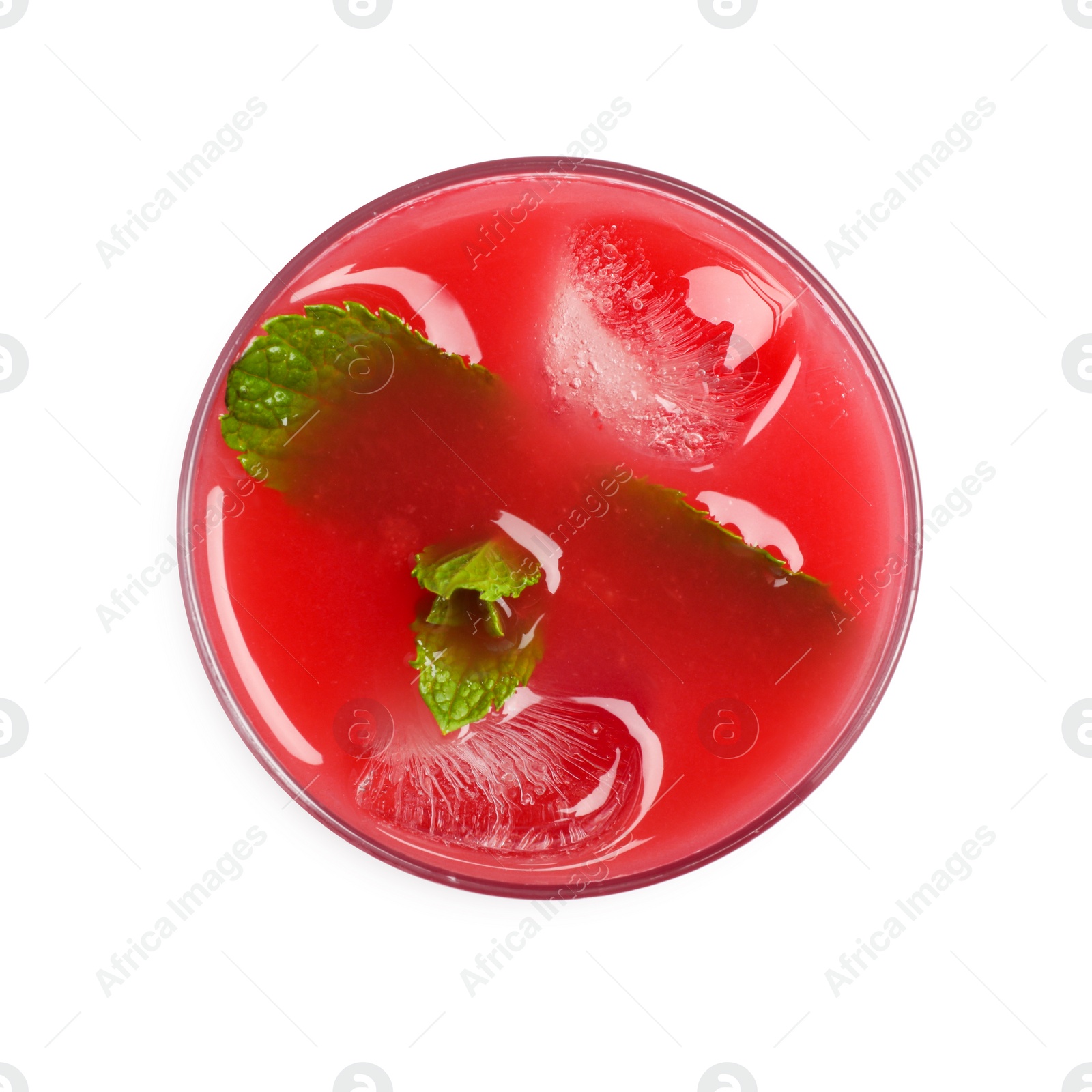 Photo of Tasty watermelon drink with mint and ice cubes in glass isolated on white, top view