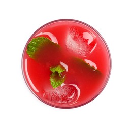 Photo of Tasty watermelon drink with mint and ice cubes in glass isolated on white, top view