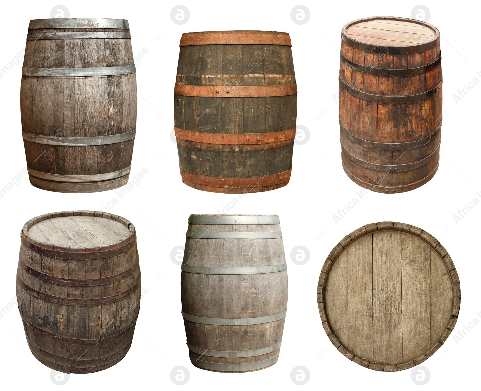 Image of Different wooden barrels isolated on white, top and side views. Collage design