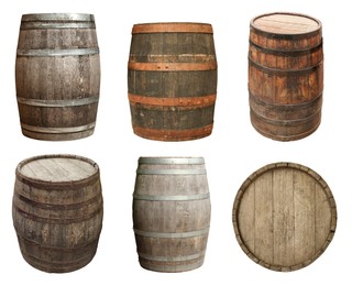 Image of Different wooden barrels isolated on white, top and side views. Collage design