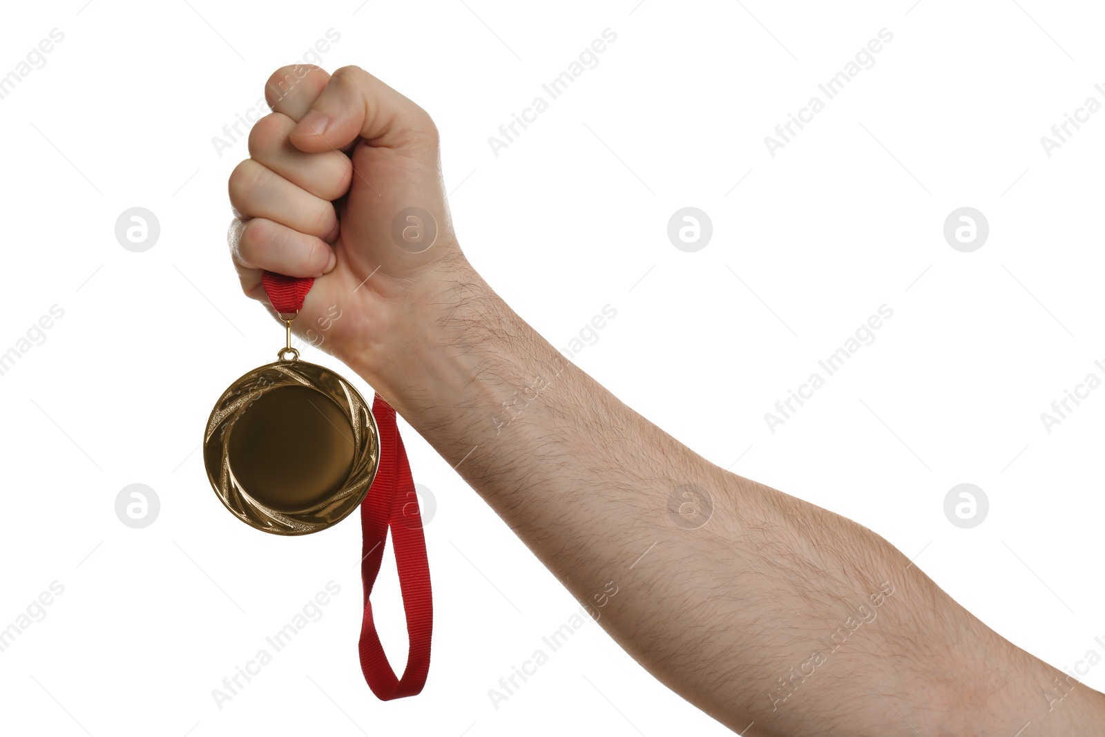 Photo of Man holding golden medal on white background, closeup. Space for design