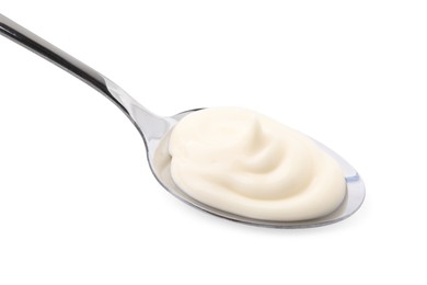 Photo of Spoon with tasty mayonnaise isolated on white